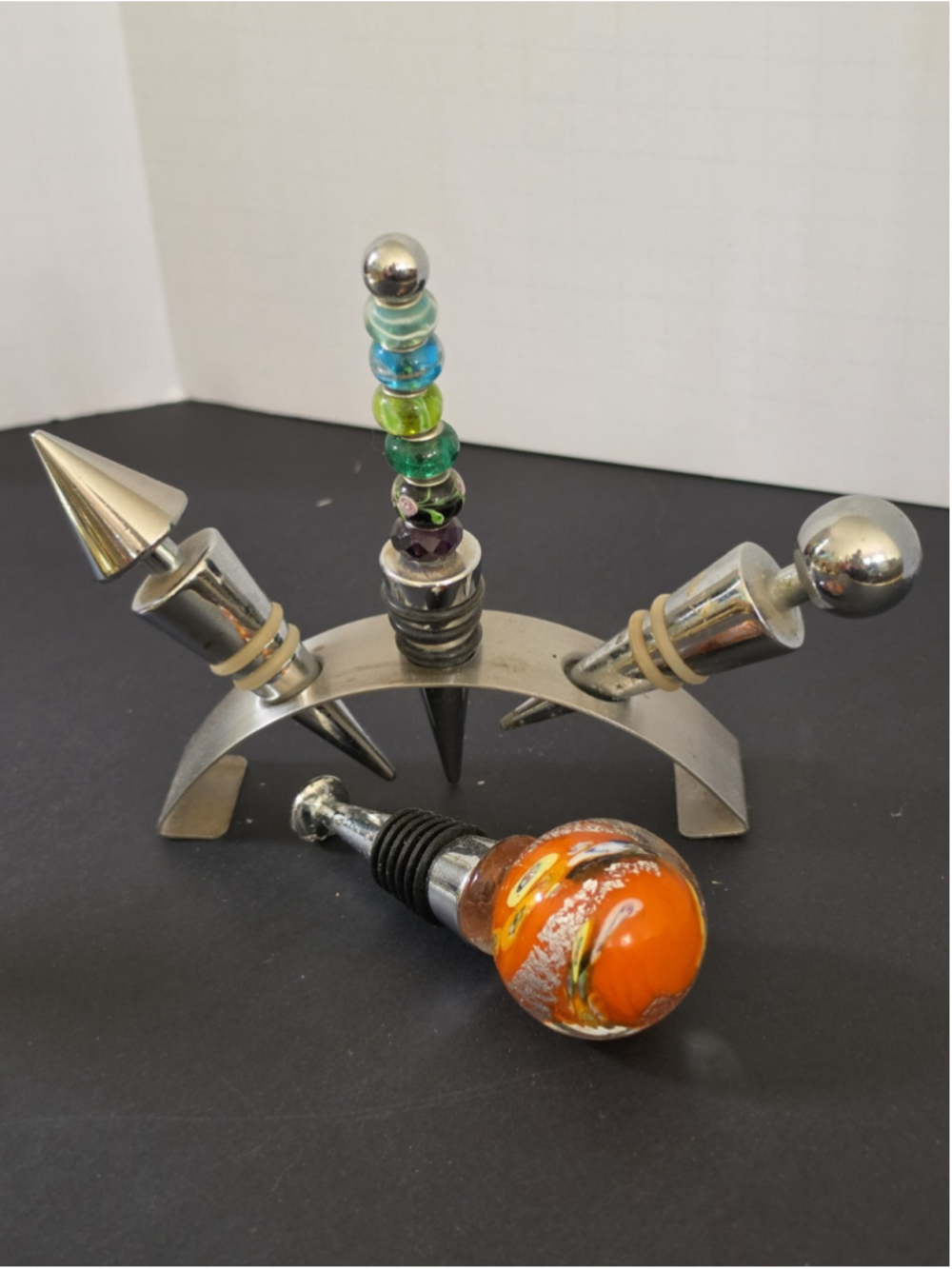 Set of 4 Decorative Art Glass & Metal Wine Bottle Stoppers with Stainless Steel